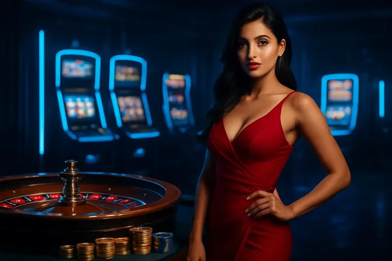 Elegant Casino Banner Beautiful woman in red dress posing confidently near roulette and slot machines in a luxurious Bangladesh casino with neon lights and gold coins