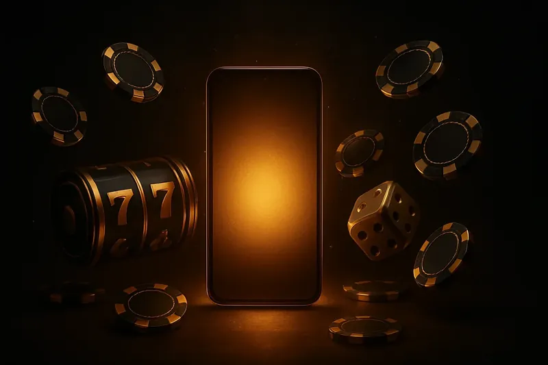 Casino Promo Banner Glowing smartphone surrounded by casino chips, slot reels, and dice on dark luxurious background